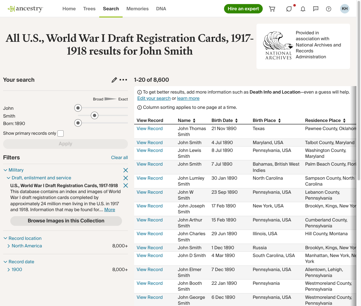 WWI Draft Card search results